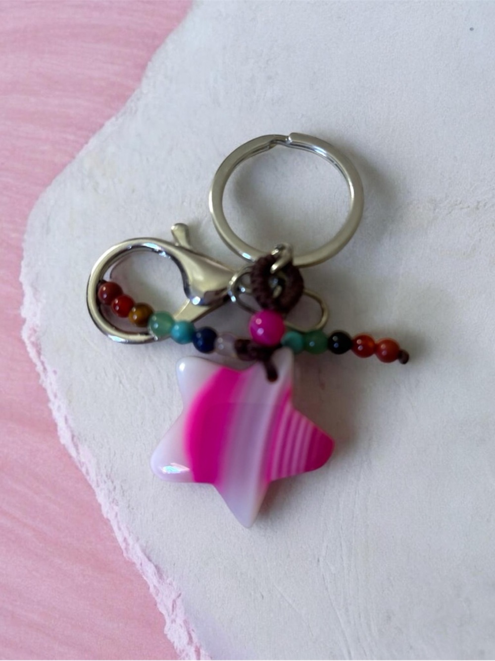 Pink Striped Agate Star Key Charm with Multicolor Beads